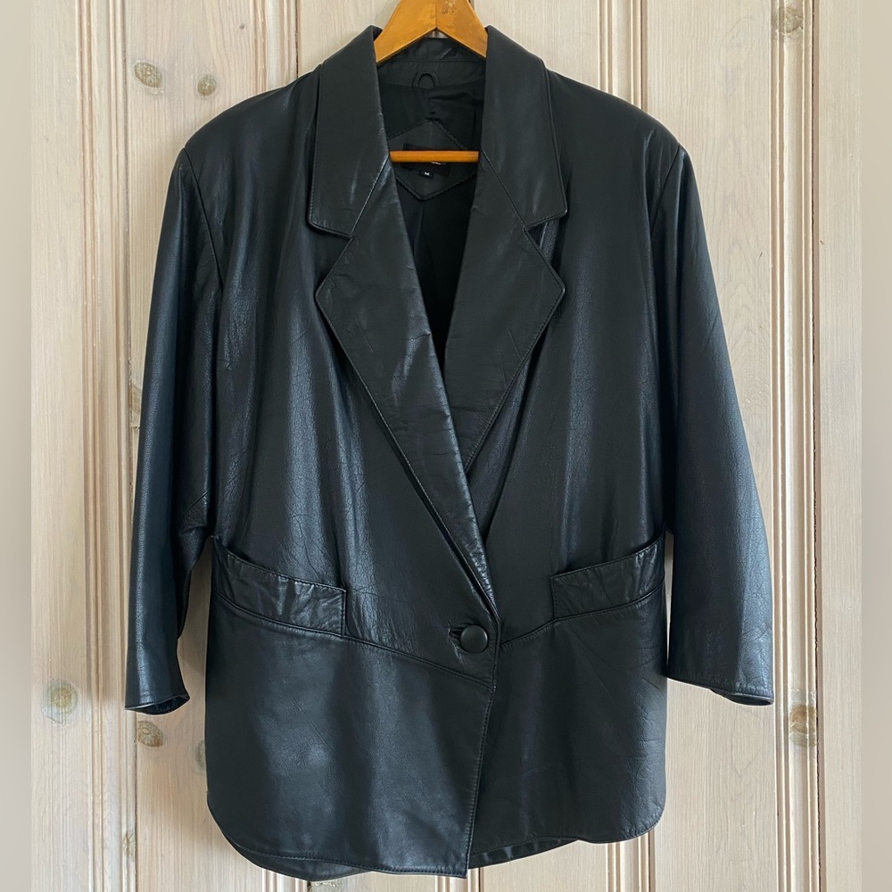 Women's Black Leather Single-Button Blazer Jacket